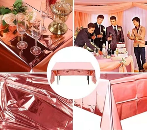 Collage of rose gold foil tablecloth showing metallic texture and elegant wedding party scenes