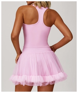 Detail of pink racerback sports vest with layered mesh tutu skirt for tennis and dance