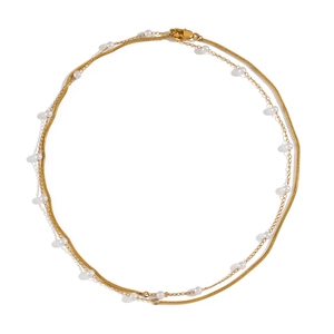 Elegant 18K gold plated double layer necklace featuring shell pearls on a white background