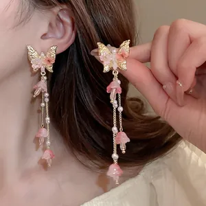 Boucles D Oreilles Longues À Franges Papillon Fleur Avec Cristal Künstliche Perle Et Tige En Argent Bijoux Doux Coréens