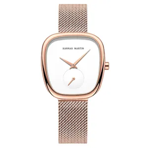 Elegante roségoldene Quarzuhr für Damen mit Milanaise-Armband und Tonneau-Gehäuse