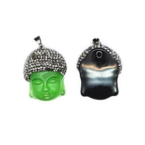 Green crystal Buddha head pendant with rhinestone crown and gold-plated copper frame