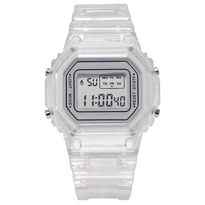 Transparent minimalist LED digital sports watch with square dial and white background