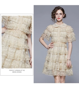 Detailed macro view of layered lace textures on an elegant champagne A-line cake dress