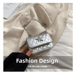 Close-up of silver quilted crossbody bag with a sparkling star buckle and chain