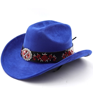 Detail of royal blue suede cowboy hat featuring floral embroidery and a metal buckle