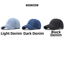 Detailed comparison of washed denim baseball caps in light blue, dark blue and black colors