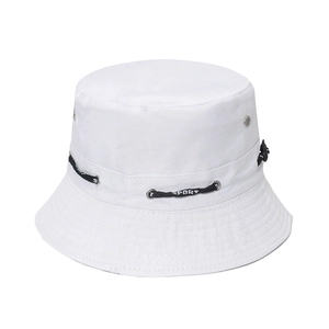 White breathable bucket hat with adjustable sport drawstring and metal ventilation eyelets
