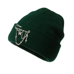 Dark green hip-hop knitted beanie with silver chain butterfly and cross pendants