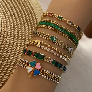 Fashion Stainless Steel Bracelet For Women Gold Plated Zircon Enamel Flower Elephant Adjustable Jewelry