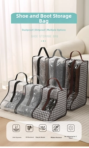 Detail of houndstooth shoe storage bag with PVC window and zipper for boot protection