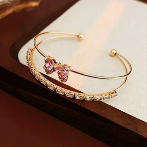 Layered Open Bangle For Women With Pink Heart Zircon Bow And Baguette Cut Zircon In Copper Elegant Fashion Jewelry