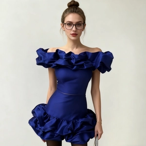 Top Con Volant Spalle Scoperte E Minigonna Arricciata Poliestere Elegante Festa Streetwear Donna