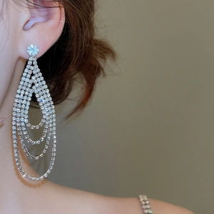 Vue détaillée des boucles d'oreilles argentées avec franges en strass en cascade