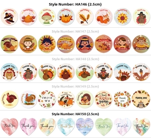 Detail view of 2.5cm round and heart-shaped Thanksgiving stickers with turkey and pumpkin designs