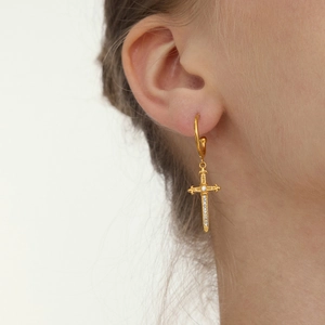 European Retro Gold Plated Stainless Steel Sword Dagger Drop Earrings Rhinestone Pave Cross Dangle Earrings For Women Jewelry
