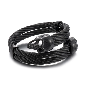 Gothic punk black stainless steel cable bracelet with dual skull charms for men