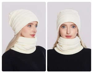 Detail of cream-colored ribbed knit beanie and neck warmer set worn by a model