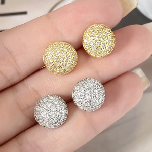 Round Stud Earrings With Copper Base And AAA+ Zircon Pave Inlaid Geometric Dome Style For Women Simple Hip Hop Design