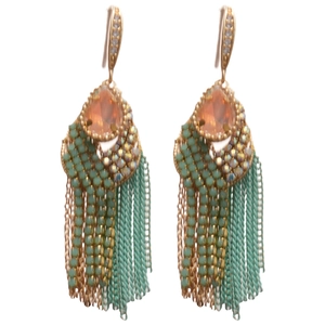Vintage teardrop earrings with peach zircon, green beads and multi-strand chain tassels