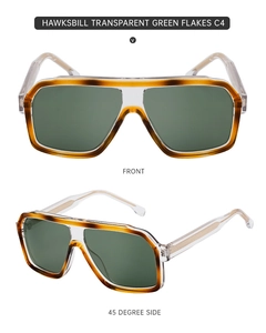 Detail of square tortoiseshell sunglasses with transparent green lenses and metal hinges