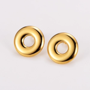 Polished gold paperclip hoop earrings set in stainless steel on white background