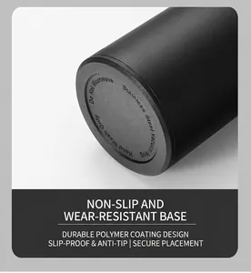 Detail of matte black vacuum mug with non-slip anti-wear frosted base and care labels