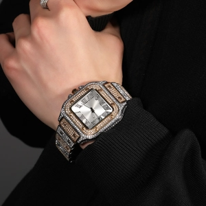 Detailed macro shot of a luxury iced-out square watch dial with roman numerals