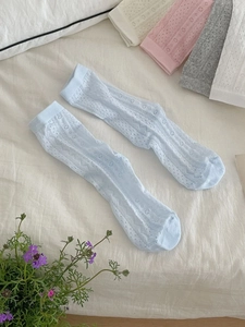 Close-up of light blue mesh hollow lace crew socks with breathable knit pattern texture
