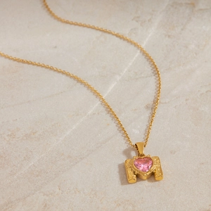 18K gold plated stainless steel necklace with pink heart zircon and M initial pendant