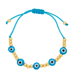 Bohemian Blue Evil Eye Braided Bracelet with Gold Beads and Adjustable Cord