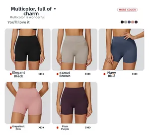 Detaillierte Flachbildaufnahme von High-Waist Yoga-Shorts in fünf Farben mit V-Schnitt-Bund