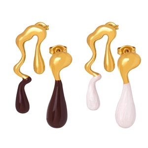 Abstract teardrop asymmetric earrings in 18k gold plating with brown and white enamel