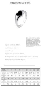Detailed size chart for S925 sterling silver heart ring with inner diameter measurements