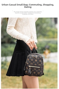 Close-up of mini casual backpack featuring heart pattern print and double zippers