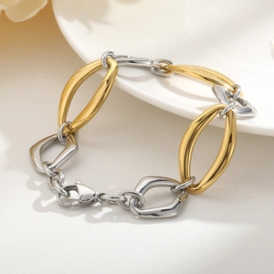 Retro geometric two-tone steel link bracelet with gold and silver oval rings for women