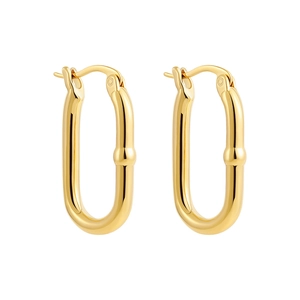 Detailed close-up of 18K gold-plated U-shaped earrings with polished metal texture