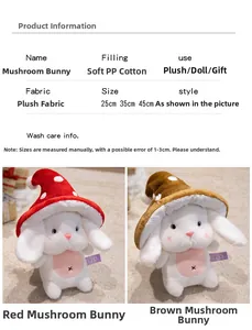 Tableau des tailles détaillé pour peluches lapin champignon en rouge et marron doux