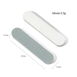 Mini dual-sided nail buffer and file set with dimensions 8.9cm x 1.9cm x 0.7cm