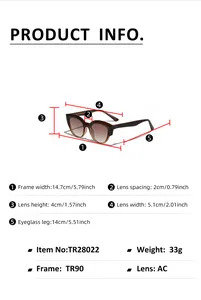 Detailed size chart for retro TR90 sunglasses showing frame width and lens dimensions