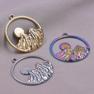 304 stainless steel round sun and mountain charms in gold, silver and rainbow plating