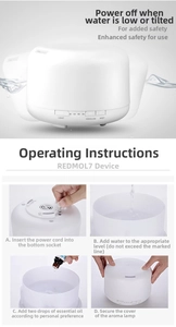Detail showing 500ML white ultrasonic humidifier safety auto-off and operation guide