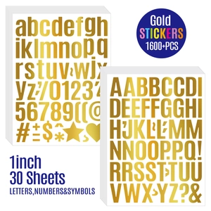 Detailed view of 30 sheets of 1-inch gold metallic letter and number stickers for DIY gifts
