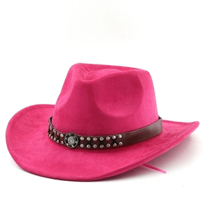 Pink suede cowboy hat with brown leather studded band and vintage metal buckle detail