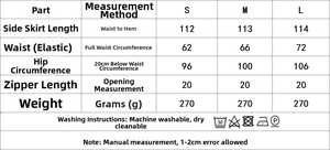 Size chart for bohemian paisley chiffon maxi skirt with waist pleat measurements