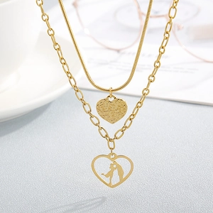 Layered Stainless Steel Necklace Heart Pendant Hollow Couple Silhouette Hammered Metal Jewelry Romantic Women Gift