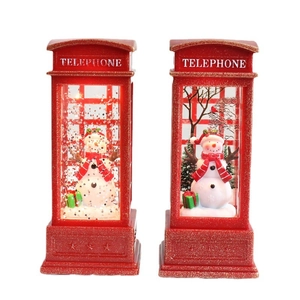 Red Christmas telephone booth lantern with snowman figure and glowing LED light