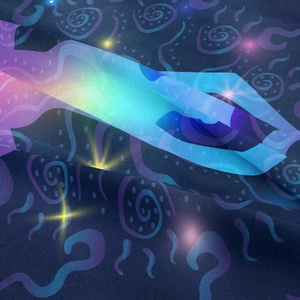 Detailed close-up showing soft fabric texture and starry nebula pattern of the tapestry