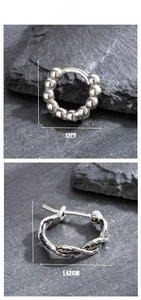 Detail showing dimensions of retro beaded and twisted rope titanium steel hoop earrings