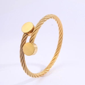 Fashion Titanium Steel Twisted Cable Open Bangle For Women Gold Plated Double Round Head Stretchable Cuff Bracelet Jewelry Gift